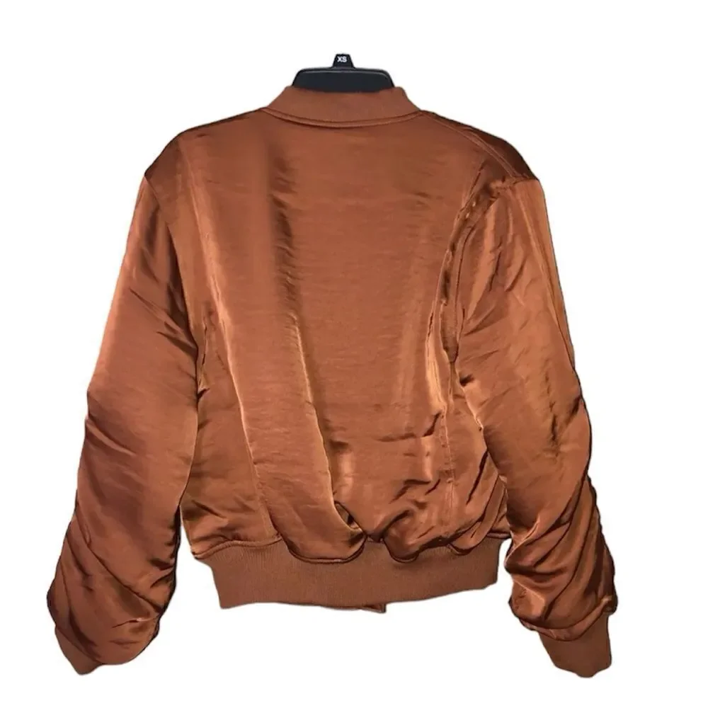 NWT House of Harlow 1960 satin ruched copper brown bomber jacket size L HOLIDAY - Picture 7 of 12